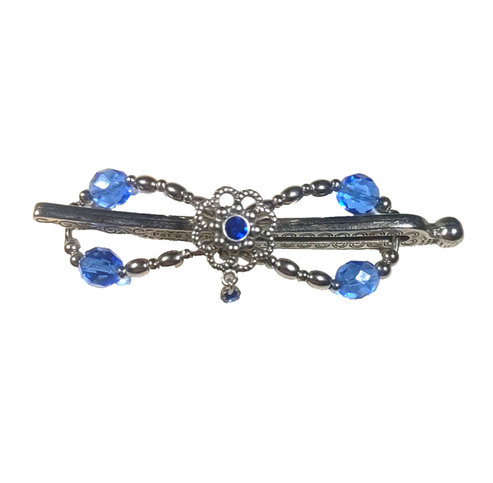 Rose Hair Barrette Pony Tail Holder Silver Tone Blue Beads Dangle Party